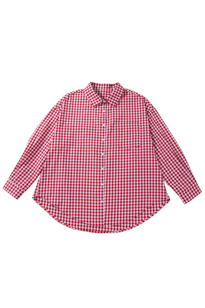 Red Plaid V Neck Long Sleeve Tunic Loose Fit Plus Size Shirt