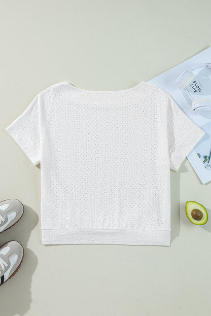 White Eyelet Pattern Boat Neck Casual Tee