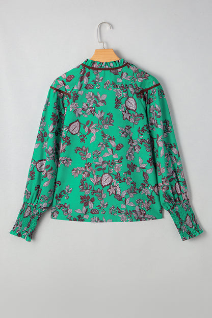 Green Leaves Print Contrast Trim V Neck Shirred Puff Sleeve Blouse