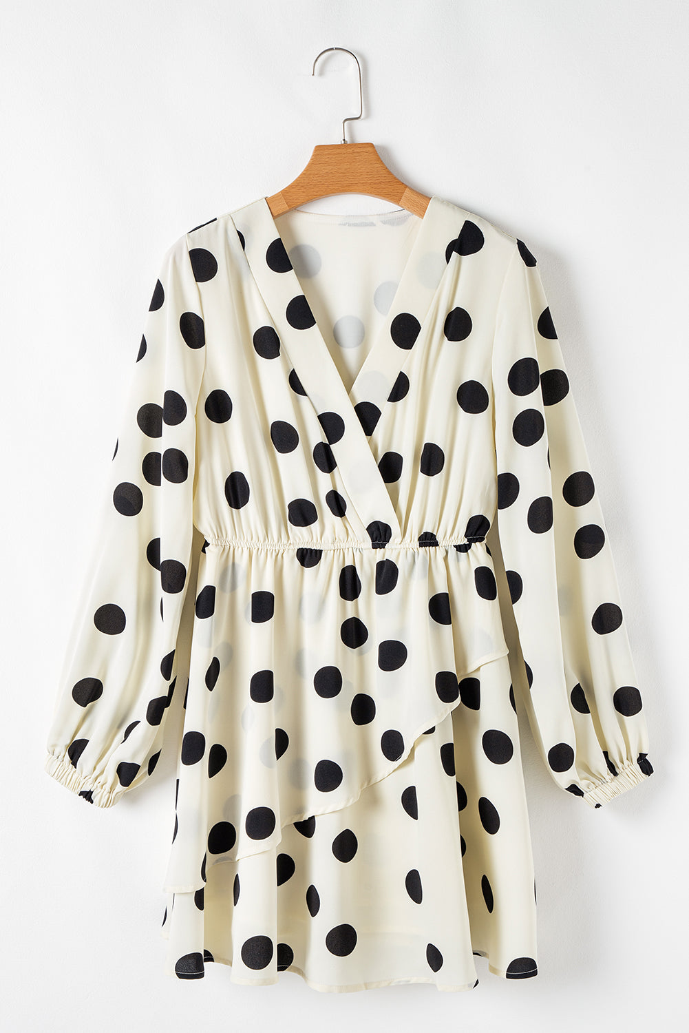 Beige Polka Dot Printed Surplice V Neck Puff Sleeve Mini Dress