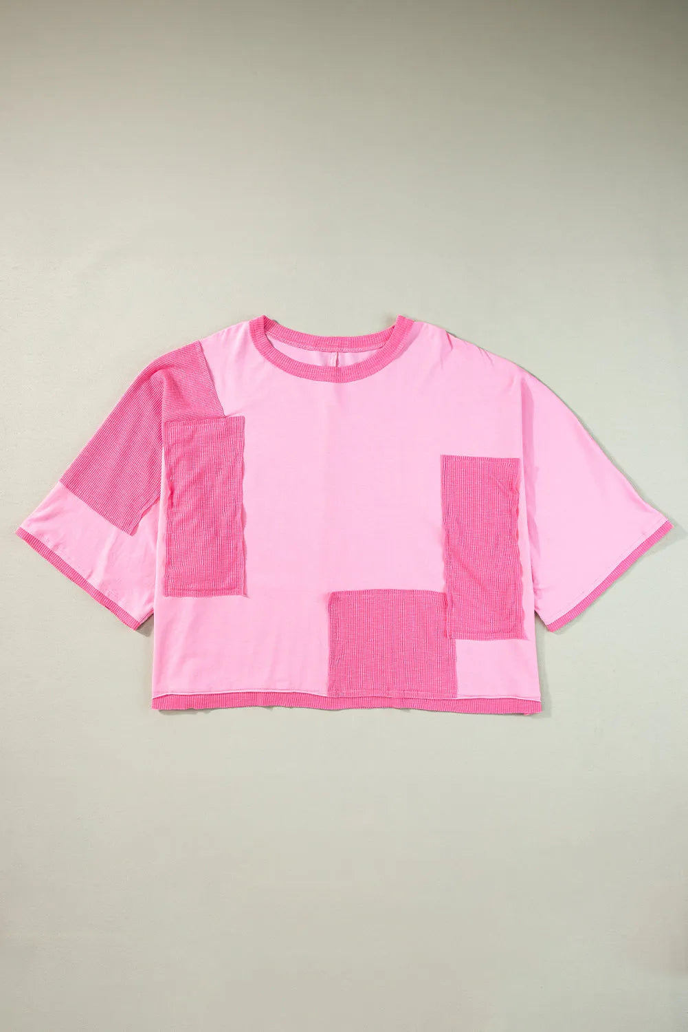 Pink Color Block Patchwork 3/4 Sleeve Loose Top - Chic Meadow Boutique 