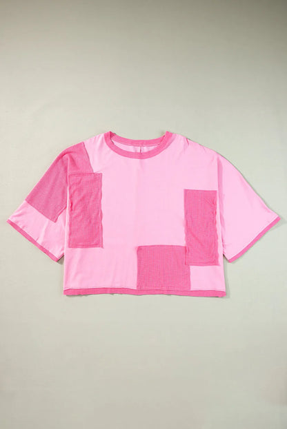 Pink Color Block Patchwork 3/4 Sleeve Loose Top - Chic Meadow Boutique 