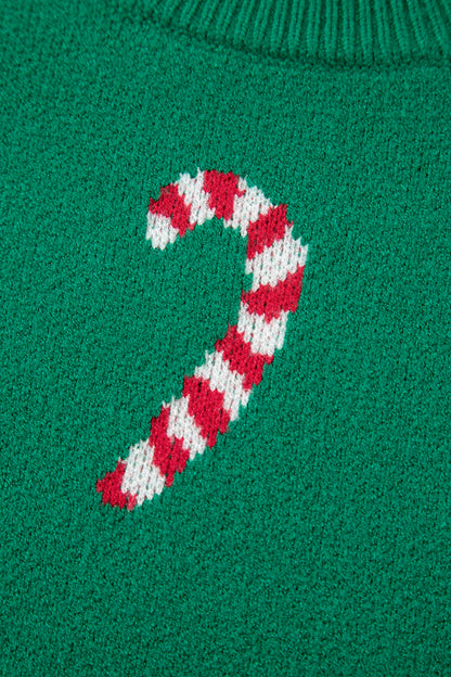 Dark Green Christmas Candy Cane Holiday Drop Shoulder Sweater