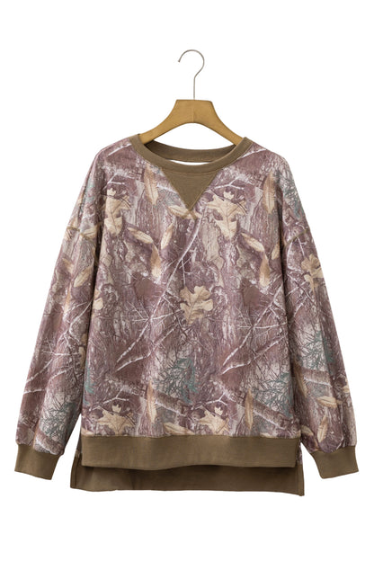 Brown Abstract Camo Print Color Block Detail Baggy Pullover Sweatshirt
