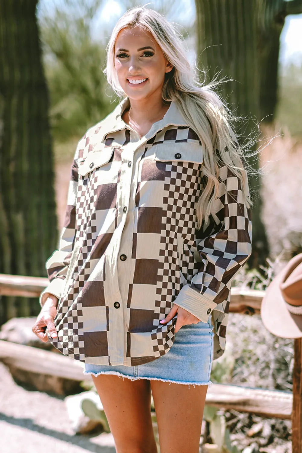 Brown Checkered Print Patchwork Corduroy Shacket - Chic Meadow Boutique 