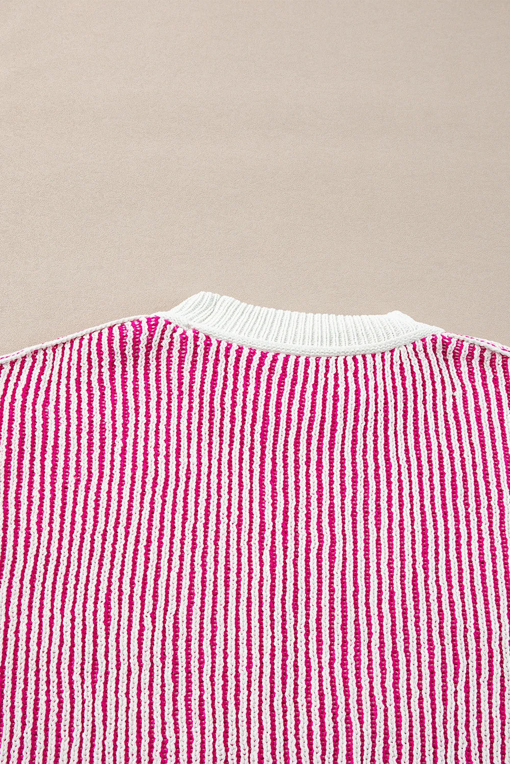 Bright Pink Striped Textured Knit Contrast Edge Loose Sweater - Chic Meadow Boutique 