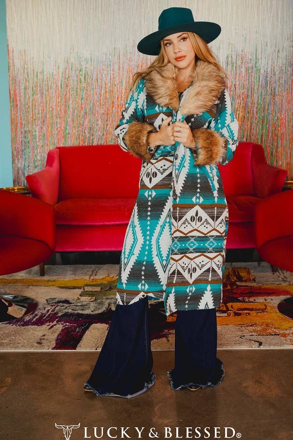 Plus Size Jade Aztec W Fur Collar & Sleeves Hem Long Coat