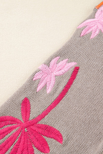 Simply Taupe Embroidered Floral Sleeve Round Neck Loose Sweater