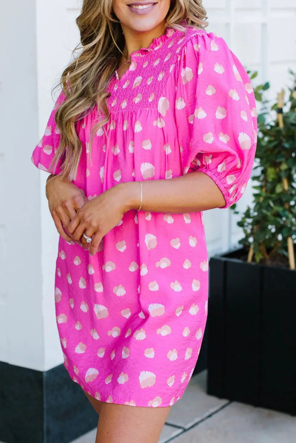 Bright Pink Printed Shirred Yoke Half Puff Sleeve Dress - Chic Meadow Boutique 