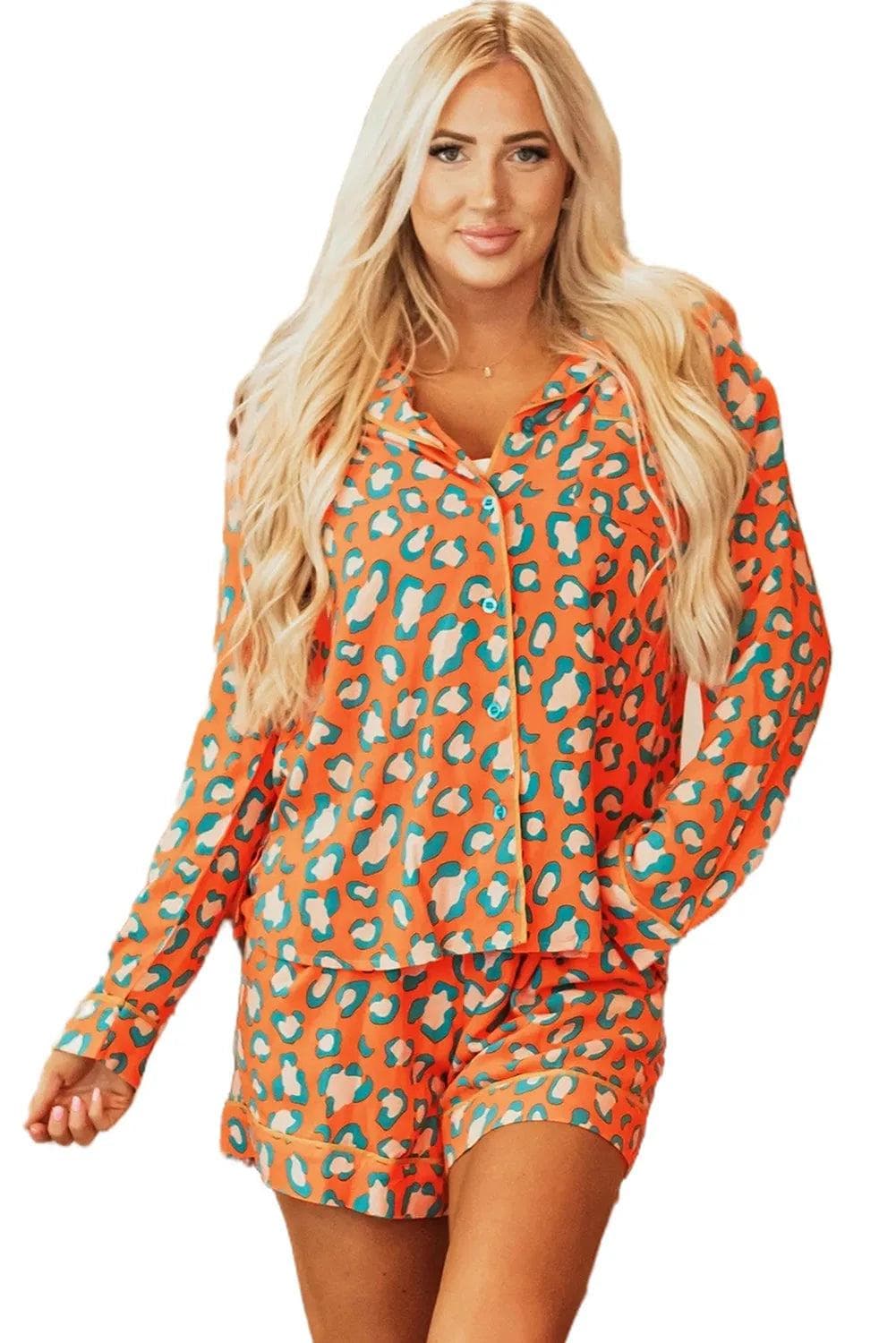 Loungewear & Sleepwear/Sleepwear Orange Leopard Print Long Sleeve Shirt and Shorts Pajama Set