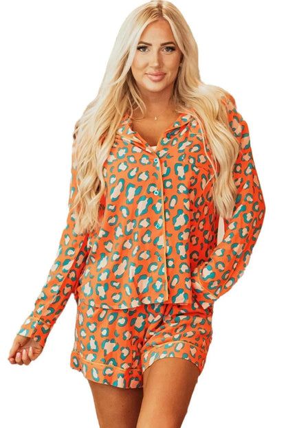 Loungewear & Sleepwear/Sleepwear Orange Leopard Print Long Sleeve Shirt and Shorts Pajama Set