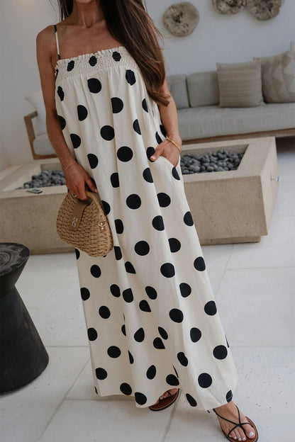 White Polka Dot Spaghetti Straps Maxi Dress