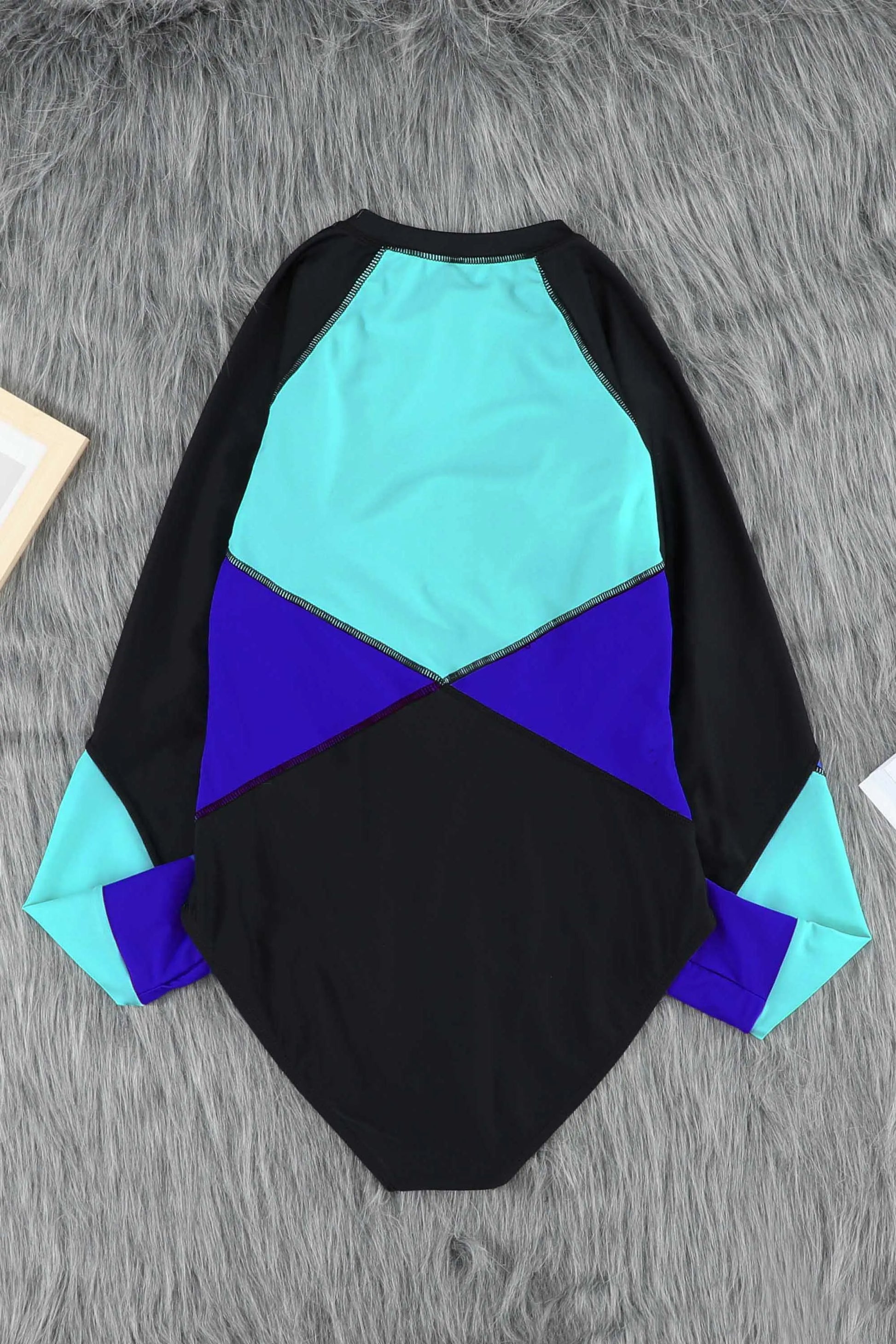 Blue Color Block Zipper Long Sleeve Rash Guard Swimwear - Chic Meadow Boutique 