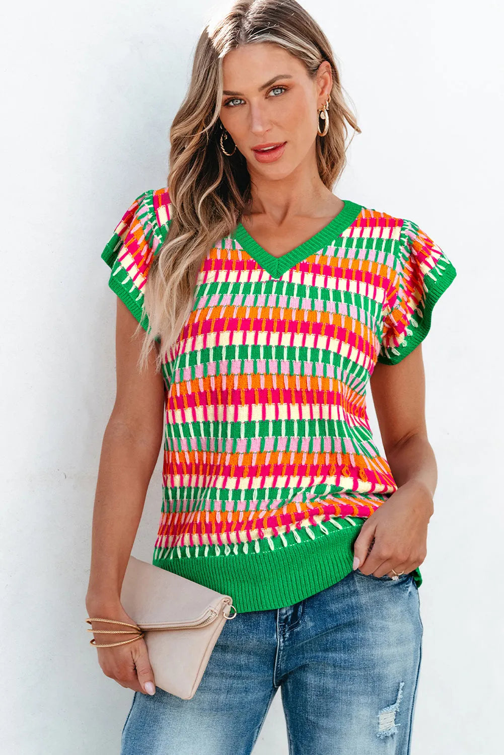 Tops/Short Sleeve Sweaters Green Multicolor Flutter Sleeve Knitted Sweater Top