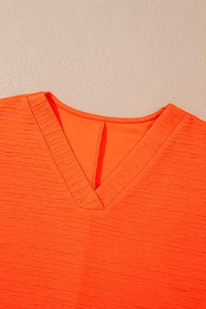 Orange Textured V Neck T Shirt and Shorts Set