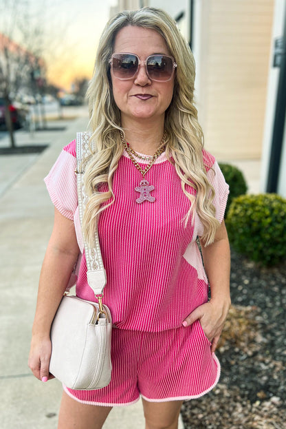 Rose Red 3D Spiral Ribbed Texture 2 Tones Patchwork Short Set