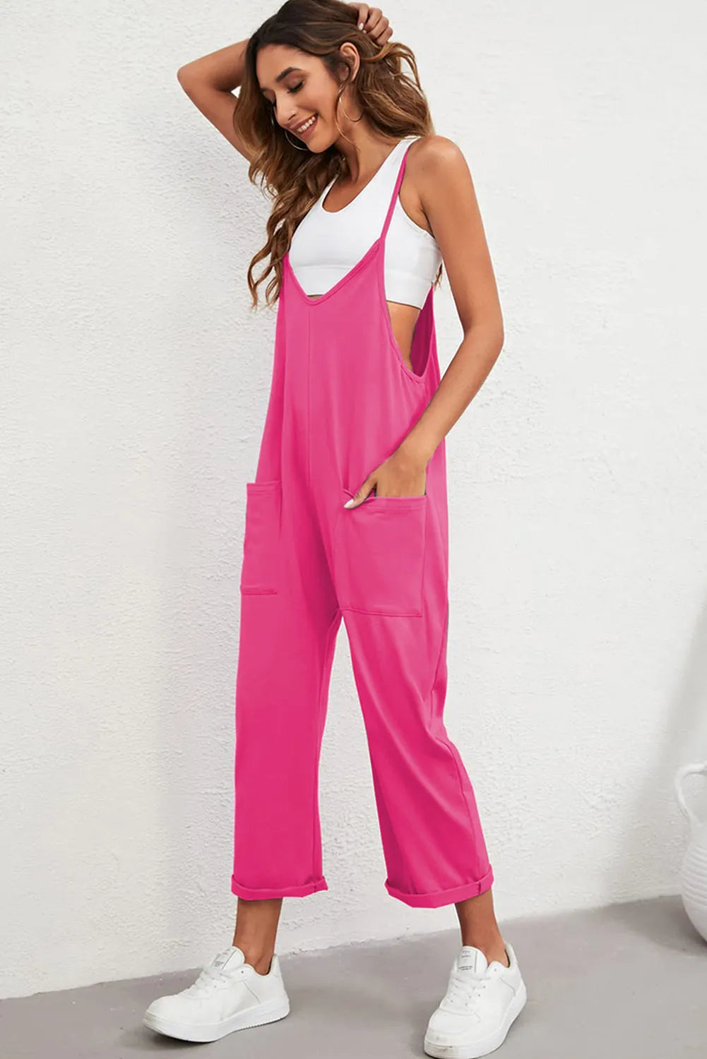 Rose Red Black Pocketed Adjustable Spaghetti Strap Straight Leg Jumpsuit - Chic Meadow Boutique 