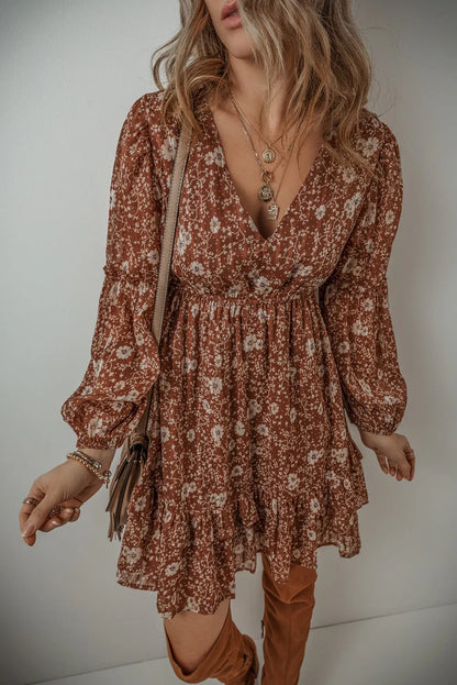 Brown Boho Floral Ruffled Puff Sleeve V Neck Mini Dress - Chic Meadow Boutique 