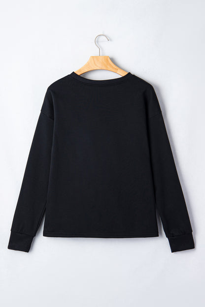 Black Solid Color Dropped Shoulder Long Sleeve Top