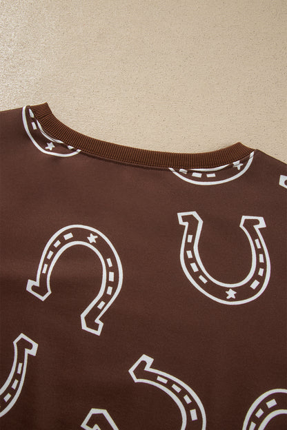 Brown Western Print Elastic Waist Pocket 2pcs Pant Set