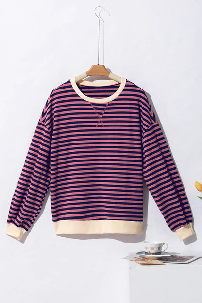 Red Stripe Oversized Contrast Trim Pullover Sweatshirt - Chic Meadow Boutique 