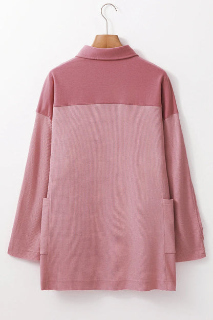 Pink Waffle Long Sleeve Collar Half Button Loose Top - Chic Meadow Boutique 