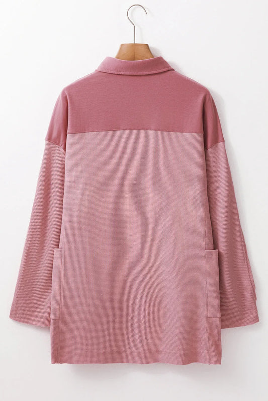 Pink Waffle Long Sleeve Collar Half Button Loose Top - Chic Meadow Boutique 