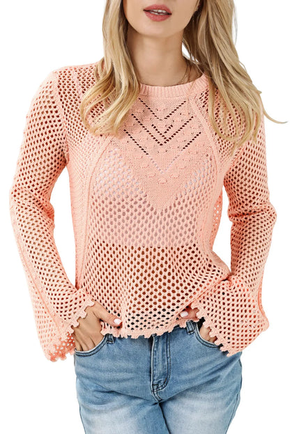 Pink Hollowed Eyelets Knit Bell Sleeve Sweater - Chic Meadow Boutique 