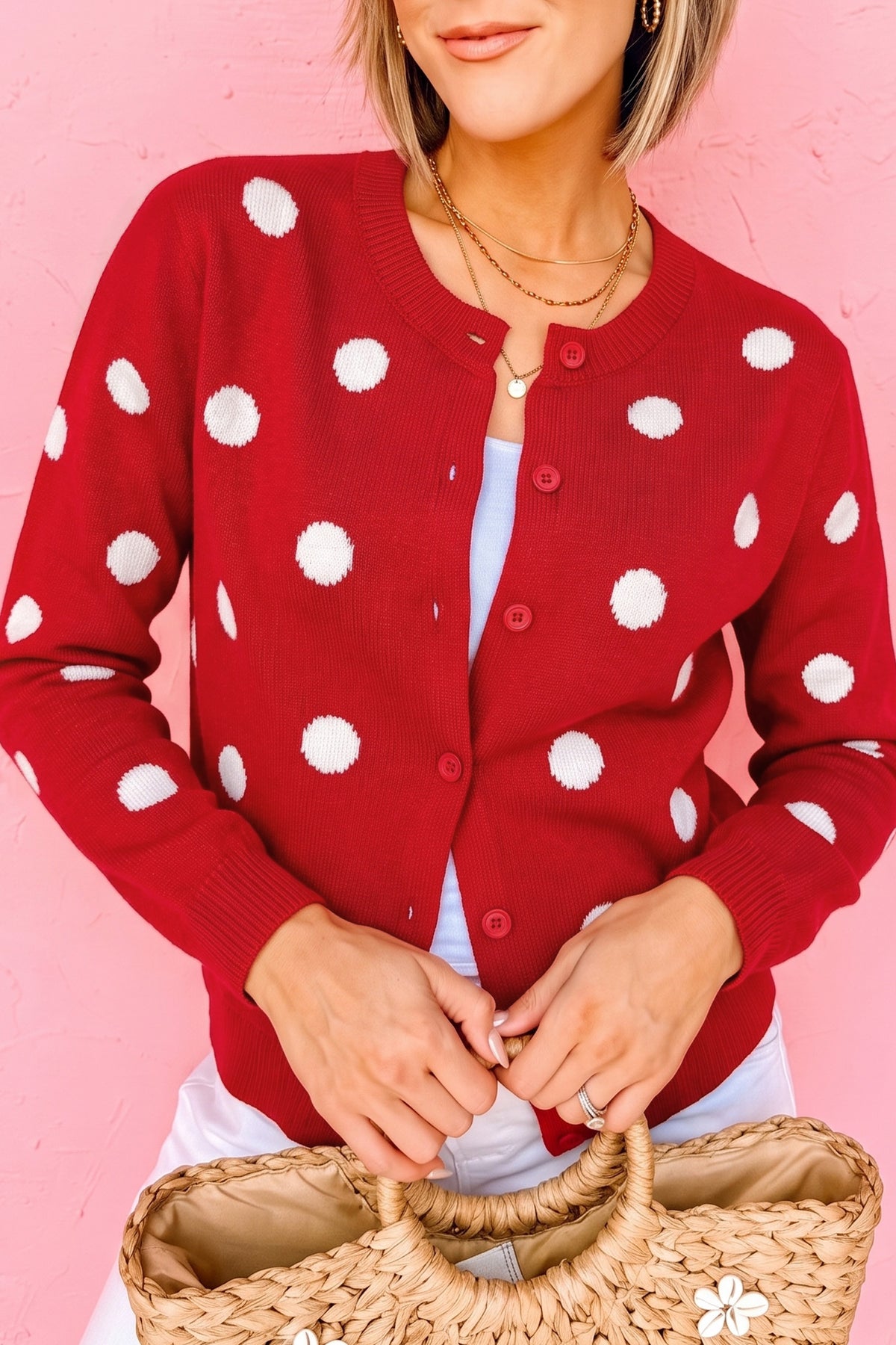Fiery Red Casual Polka Dot Button Front Long Sleeve Sweater Cardigan
