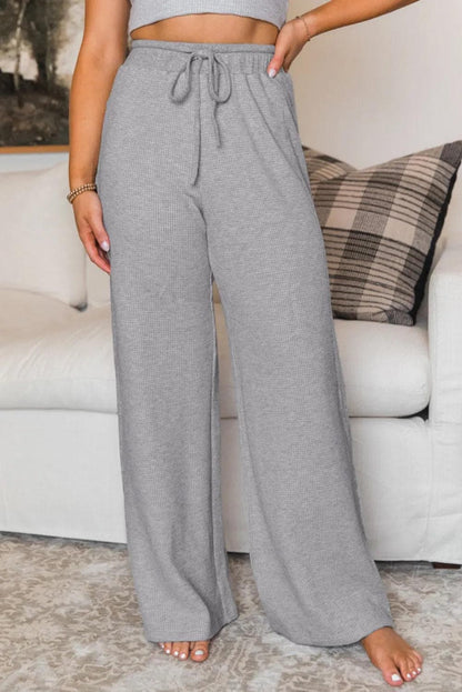 Bottoms/Pants & Culotte Gray / S / 75%Polyester+25%Cotton Gray Waffle Knit Drawstring High Waist Wide Leg Pants