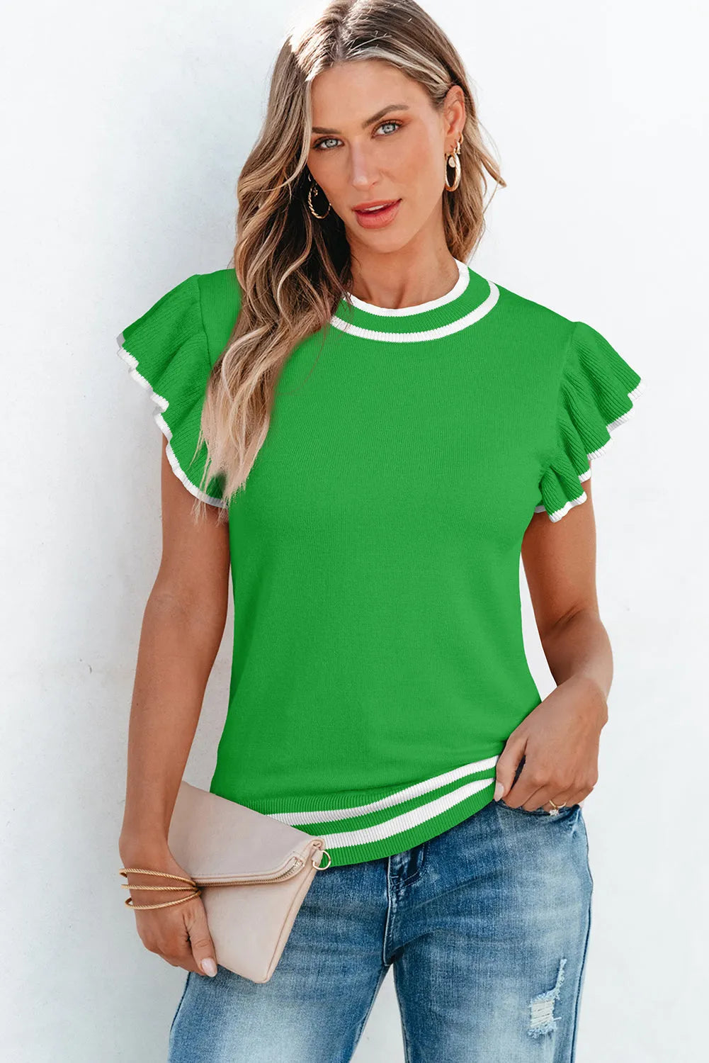 Bright Green Edge Piping Ruffled Sleeve Round Neck Knit T Shirt - Chic Meadow Boutique 