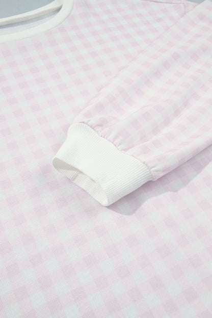 Pink Plaid Round Neck Long Sleeve Sweatshirt