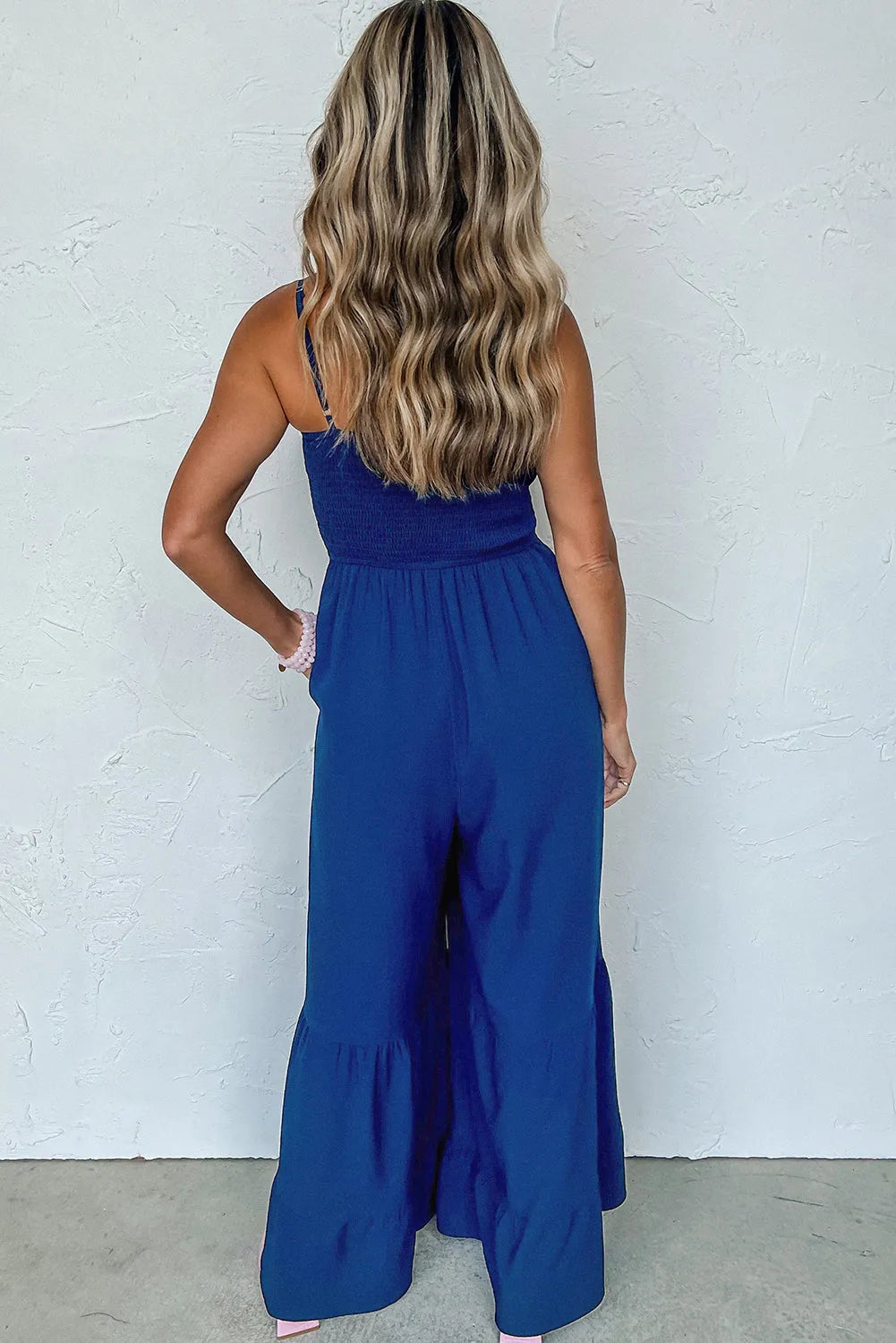 Navy Blue Spaghetti Straps Smocked Ruffled Wide Leg Jumpsuit - Chic Meadow Boutique 