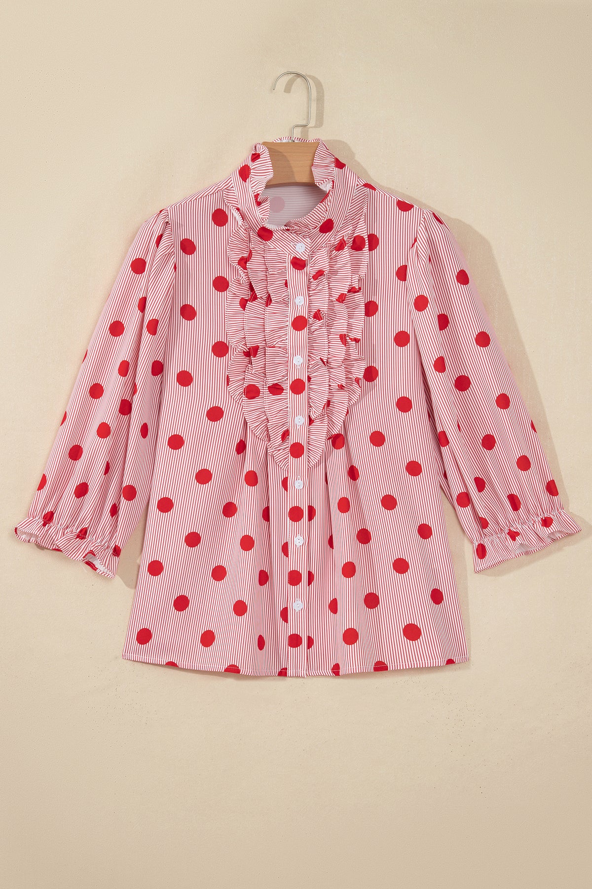 Fiery Red Polka Dot Striped Print Ruffle Stand Neck 3/4 Sleeve Shift Shirt
