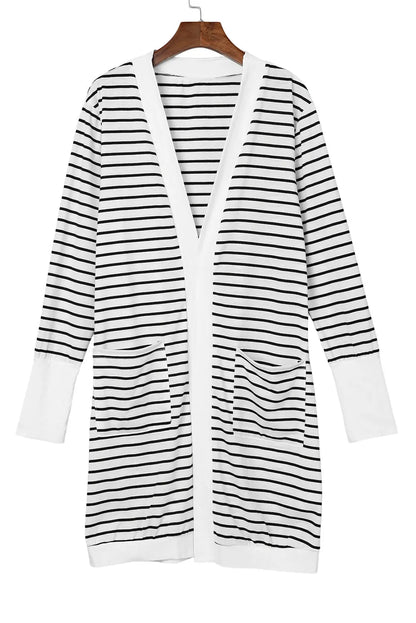 White Striped Side Pockets Open Front Cardigan - Chic Meadow Boutique 