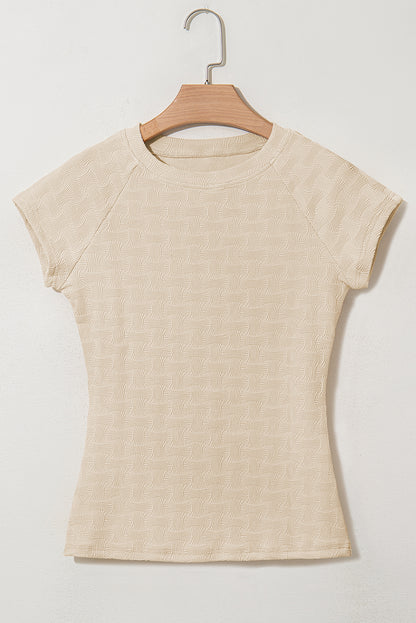 Beige Textured Crew Neck Cap Sleeve Slim Stretchy T Shirt