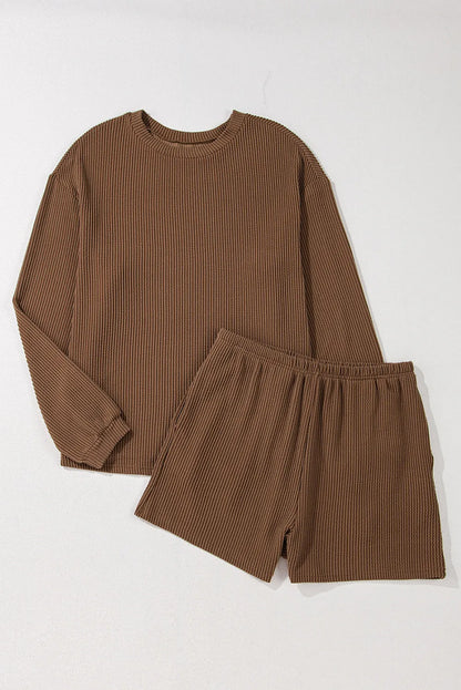 Chestnut Corded Knit Long Sleeve Top and High Waist Shorts Set - Chic Meadow Boutique 