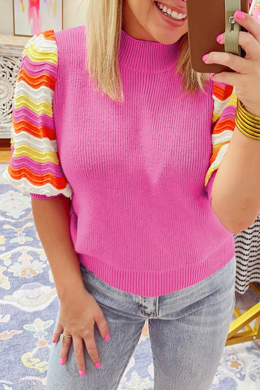 Pink Ribbed Knit Contrast Sleeve Sweater Top - Chic Meadow Boutique 