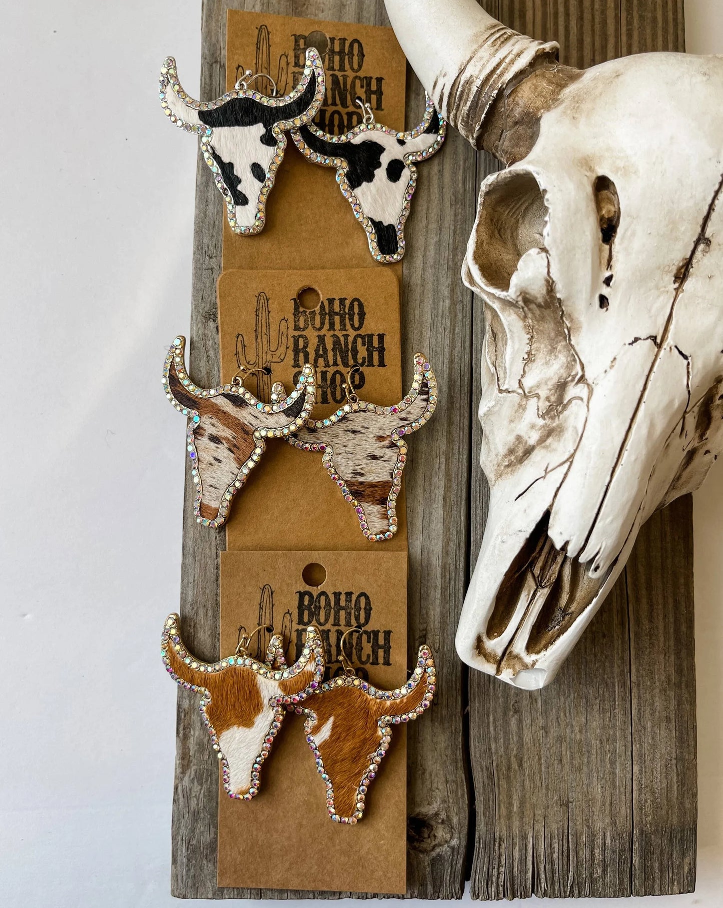 Western Cowhide Bling Steer Longhorn Earrings - Chic Meadow Boutique 