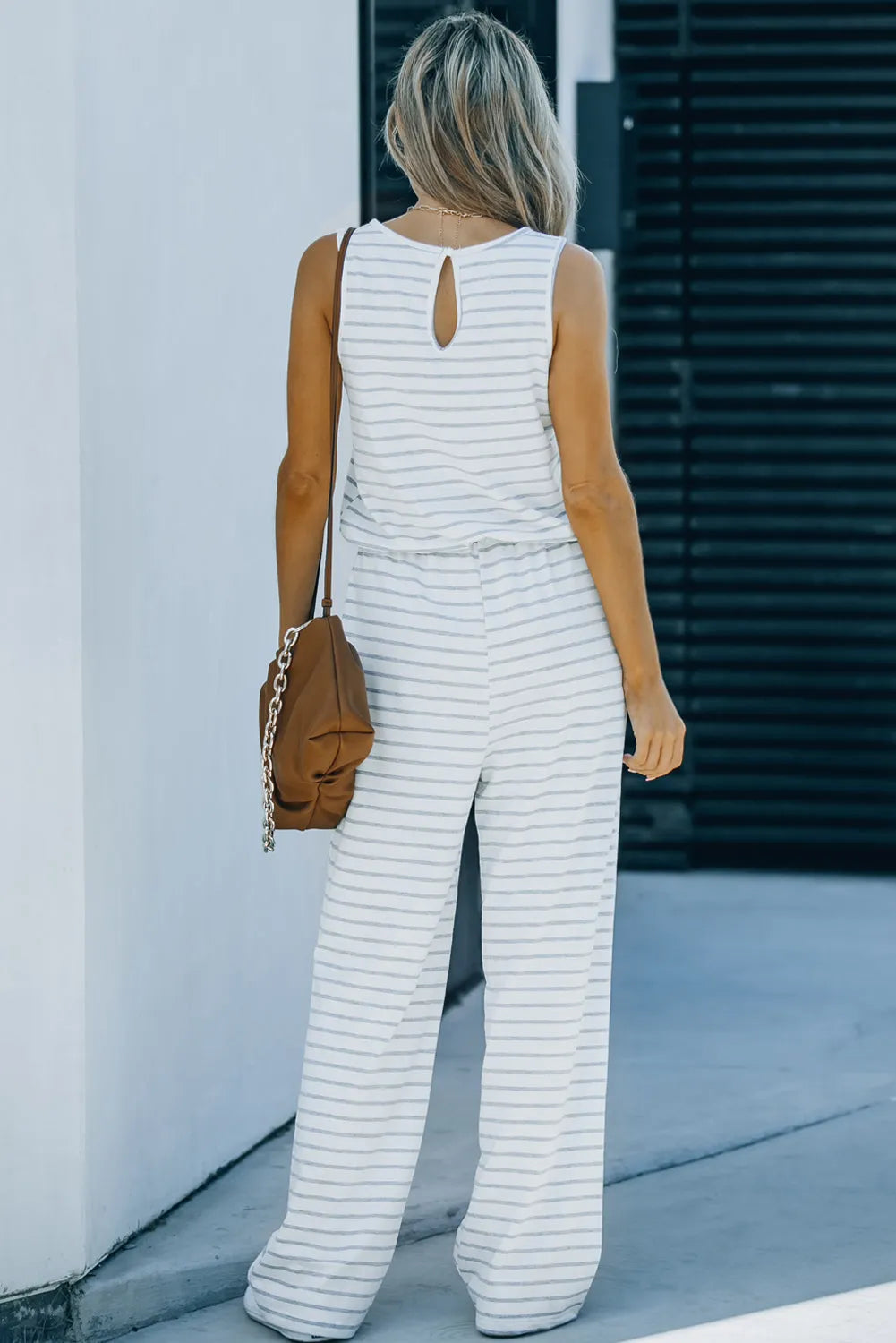 White Striped Print Pocketed Sleeveless Jumpsuit - Chic Meadow Boutique 