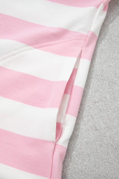Pink Stripe Color Block Patchwork Zip Long Sleeve Top Elastic Waist Pants Set