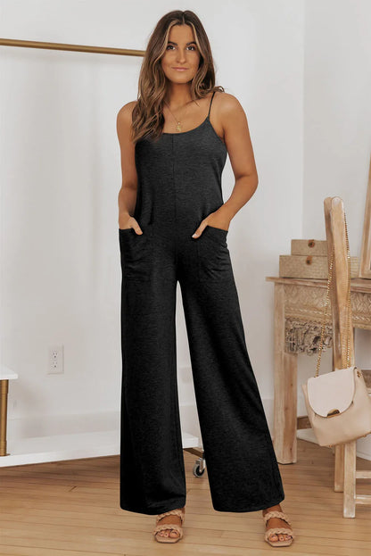 Black Patch Pockets Spaghetti Strap Wide Leg Jumpsuit - Chic Meadow Boutique 