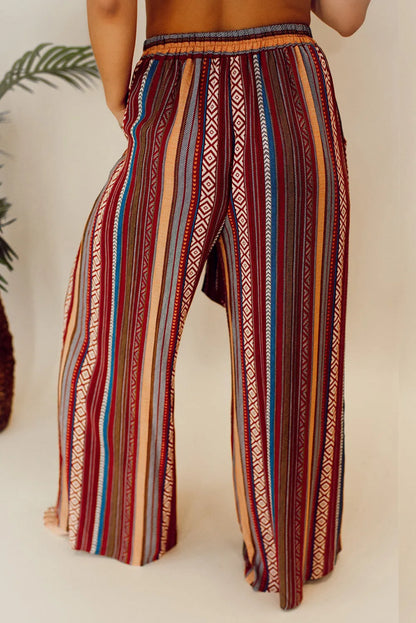 Red Boho Ethnic Striped Print Tie Waist Wide Leg Pants - Chic Meadow Boutique 