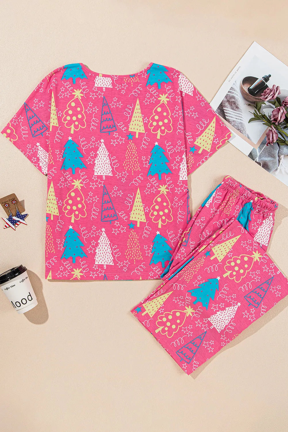 Rose Christmas Tree Print V Neck Tee and Pants Lounge Set - Chic Meadow Boutique 