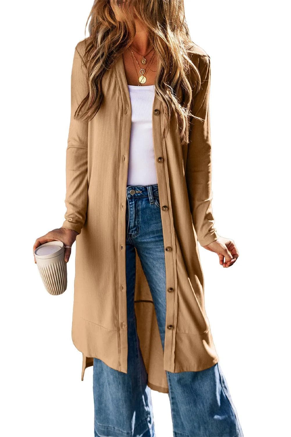 Tops/Sweaters & Cardigans Light French Beige Ribbed Button-Up Split Duster Cardigan