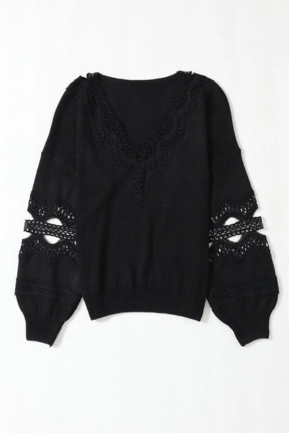 Black Hollowed Lace Splicing V Neck Loose Sweater - Chic Meadow Boutique 