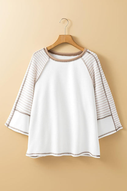 Tops/Long Sleeve Tops White Striped Bracelet Sleeve Raglan Patchwork Top