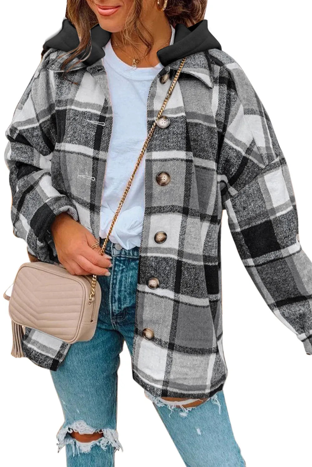 Gray Hooded Plaid Button Front Shacket - Chic Meadow Boutique 