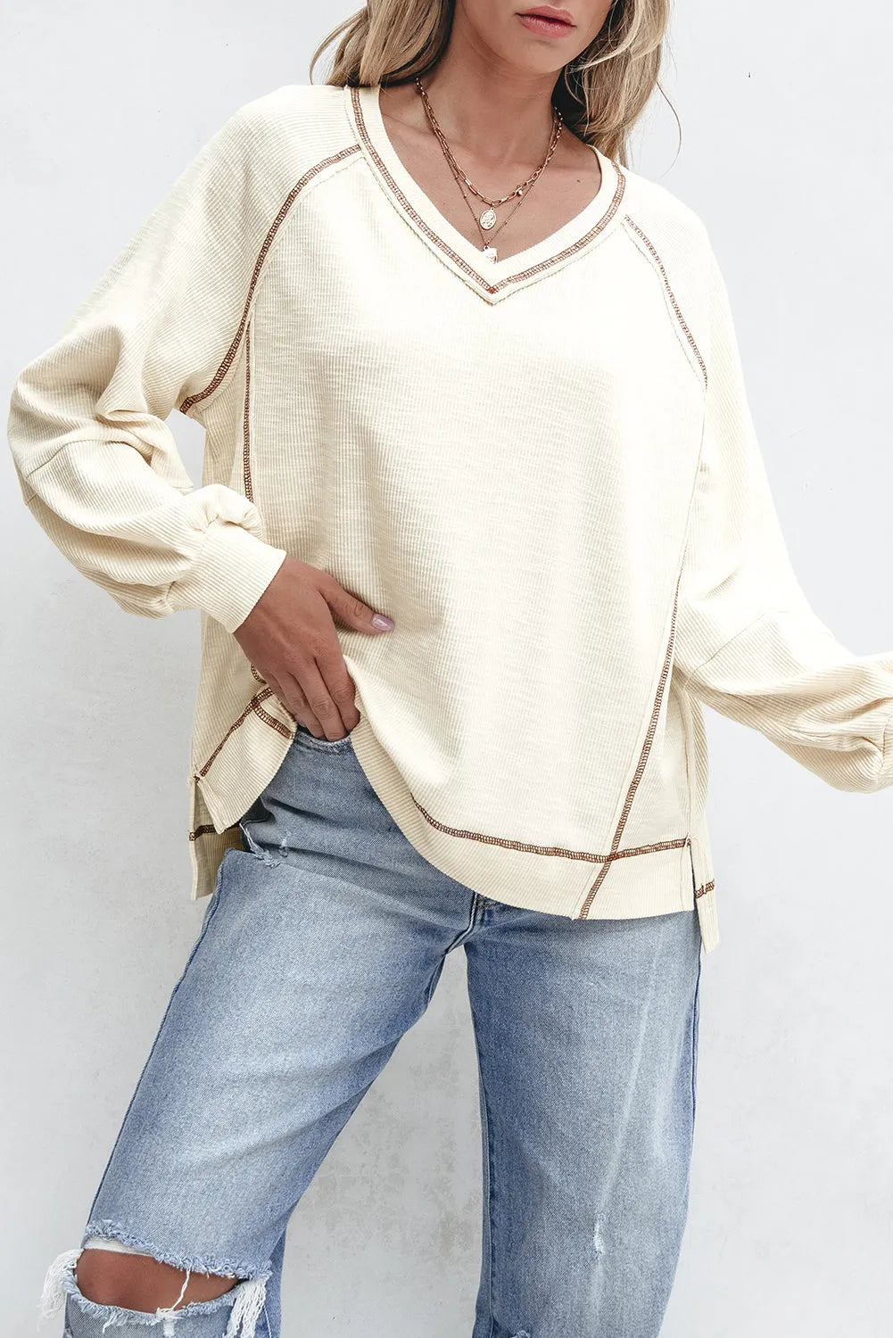 Beige Exposed Seam Textured Knit V Neck Pullover Top - Chic Meadow Boutique 