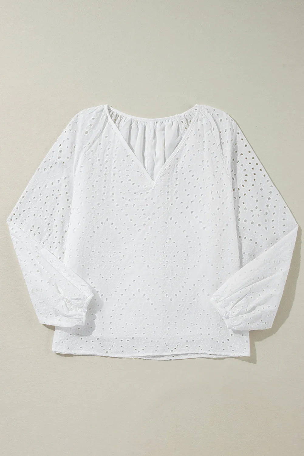 White Eyelet Embroidered V Neck Puff Sleeve Blouse - Chic Meadow Boutique 